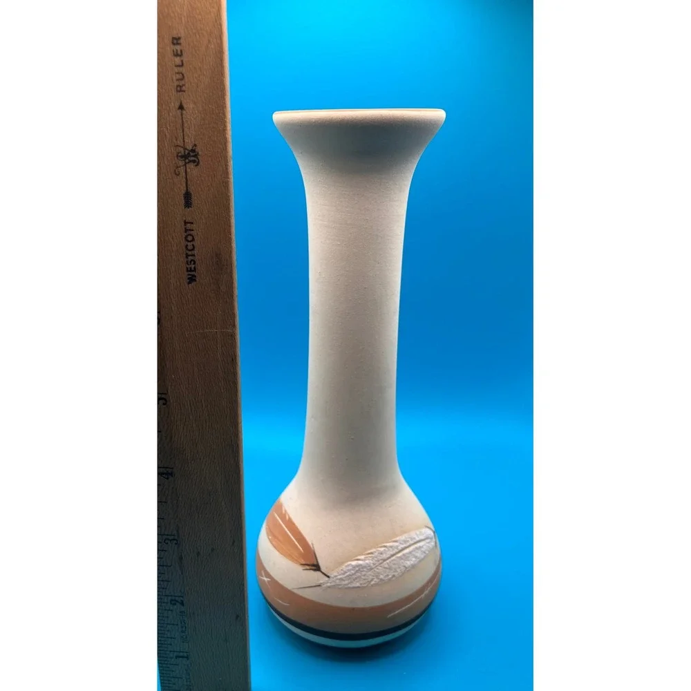 Buck Skin Pottery Bud Vase Small Cream Hand Painted Feather Terracotta 1995